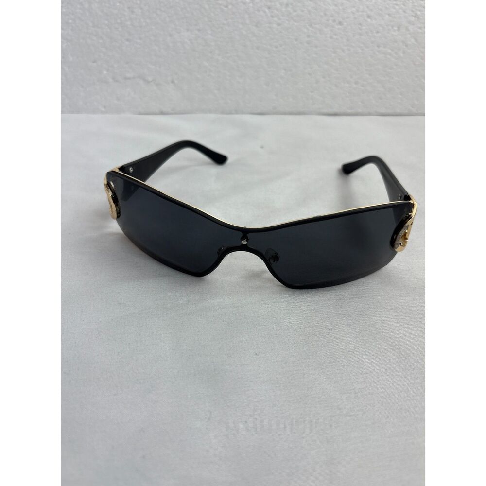 Black Y2K Shield Rimless Sunglasses Gold CC Accent Trendy Classy